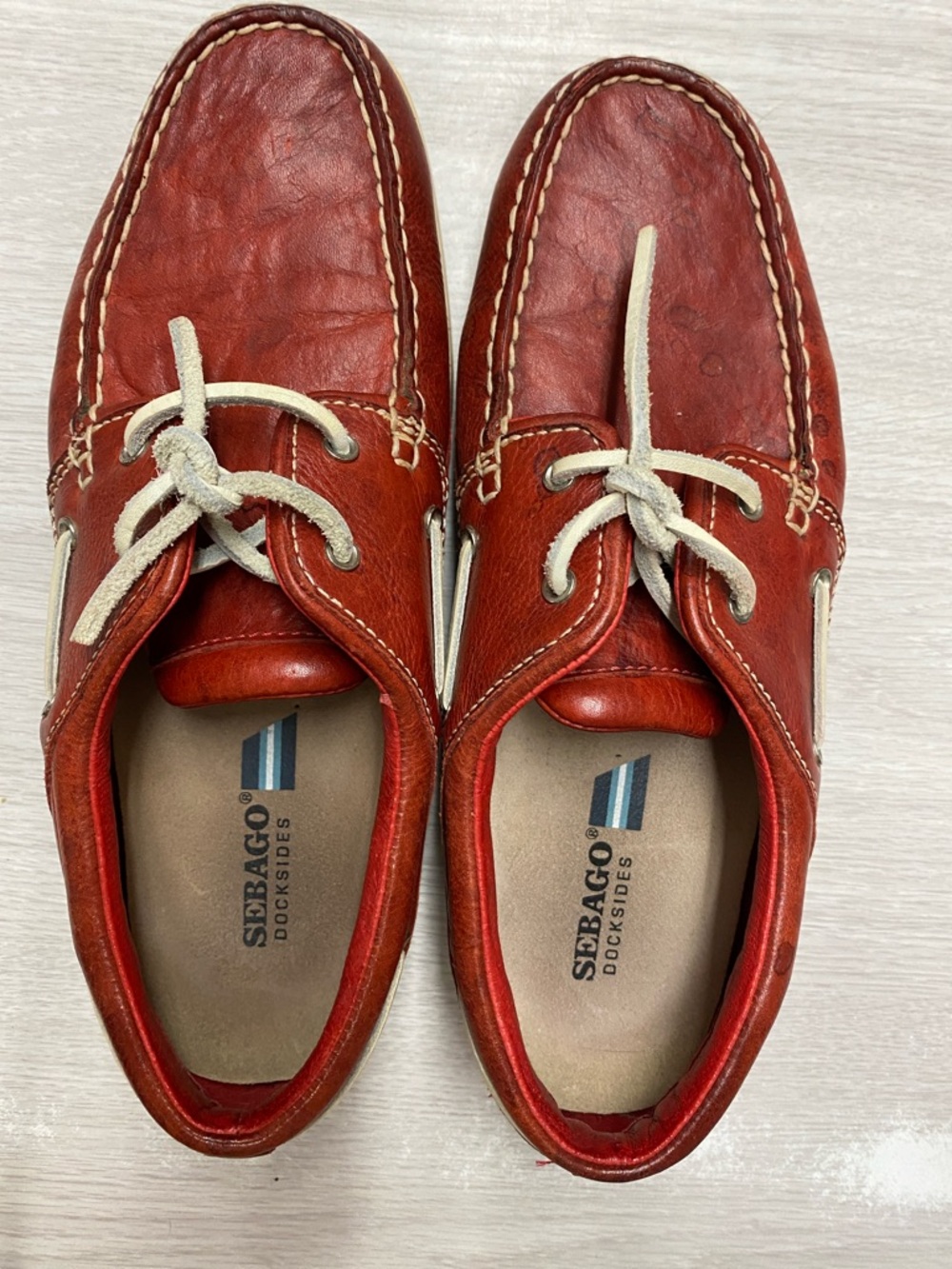 Sebago Red Leather Dockside Boat Shoes with Cream Laces